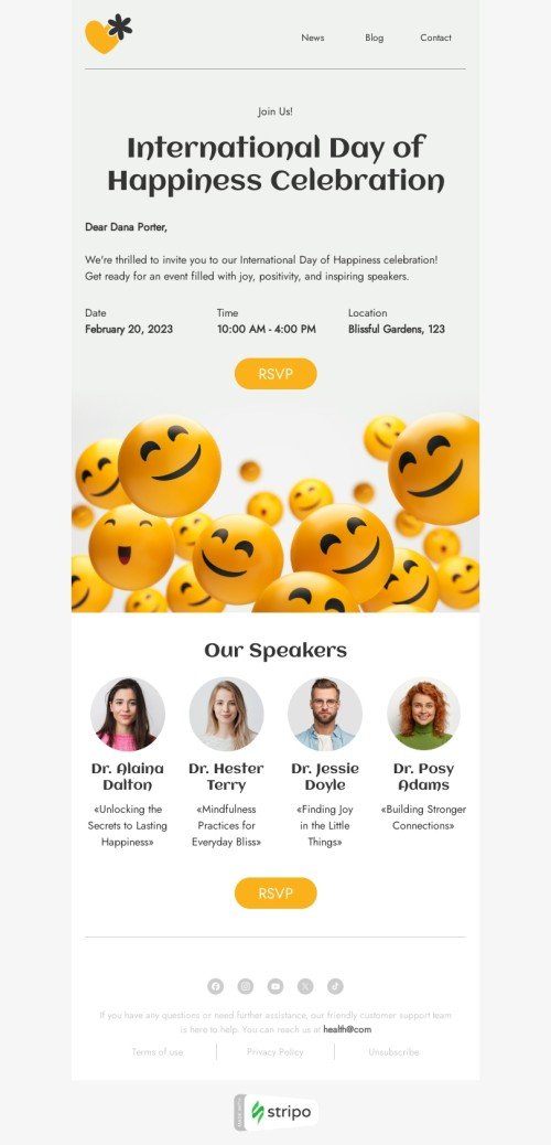 International Day of Happiness email template "Joyful celebration" for health and wellness industry mobile view