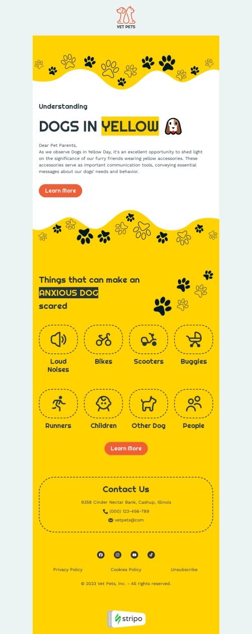 Modelo de e-mail de «Pais de animais de estimação» de Dia dos cães de amarelo para a indústria de animais de estimação Visualização de dispositivo móvel