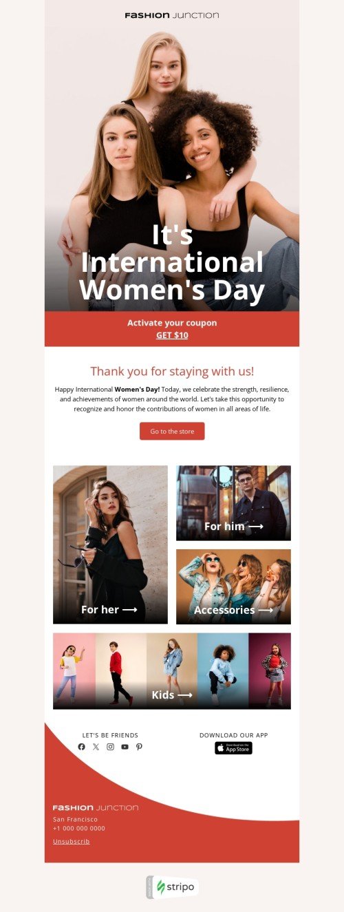 Women's Day email template "Fashionable life" for fashion industry mobile view