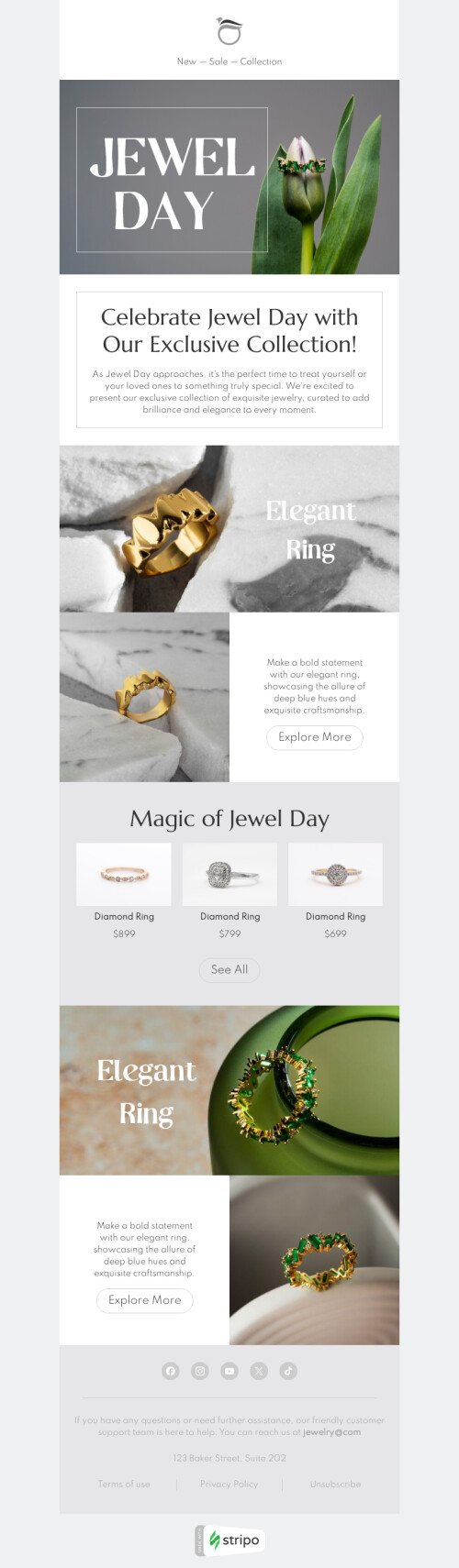 Juwelen Tag E-Mail-Vorlage «Eleganter Ring» für schmuck-Branche Ansicht auf Mobilgeräten