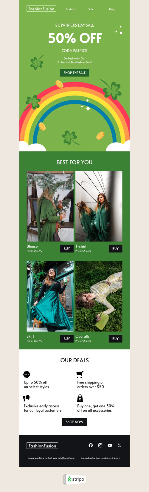 St. Patrick's Day email template "Get lucky" for fashion industry mobile view