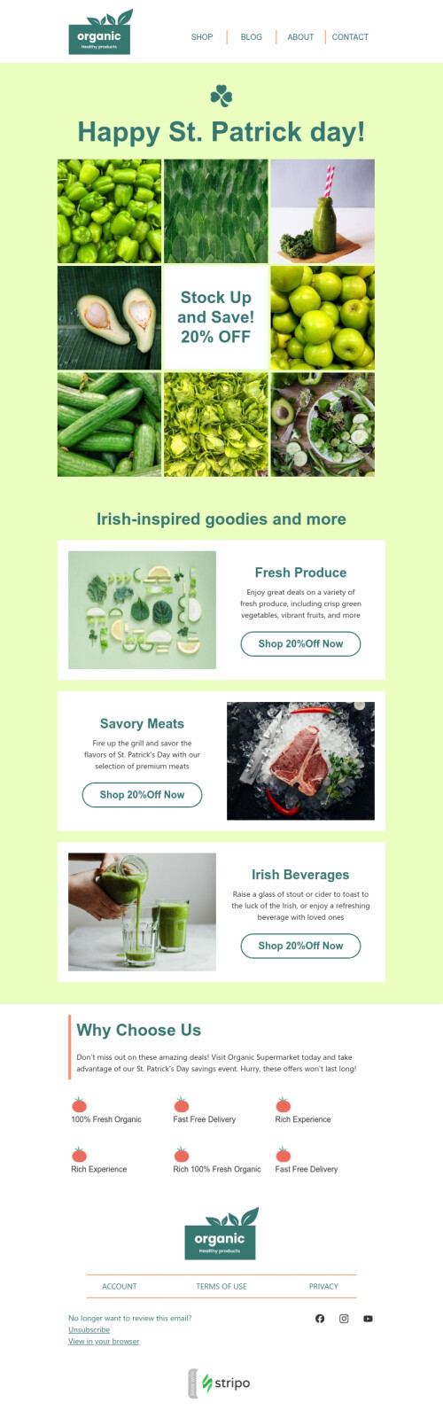 St. Patrick's Day email template "Stock up and save" for food industry desktop view