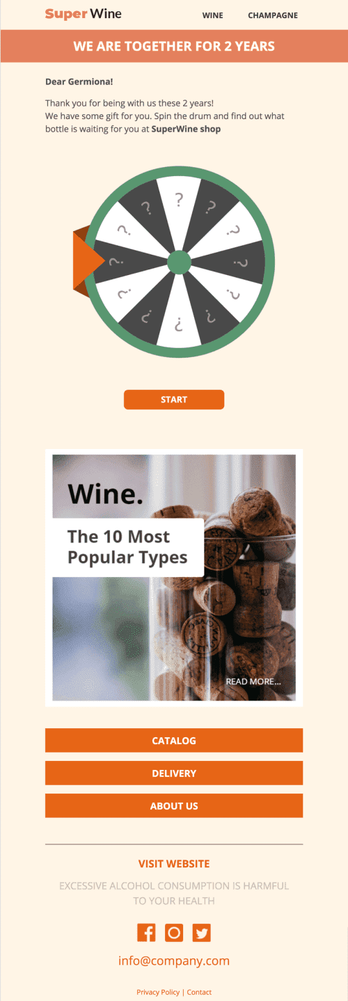 Modèle de courrier électronique Promo «Super vin» pour le secteur Nourriture Affichage mobile