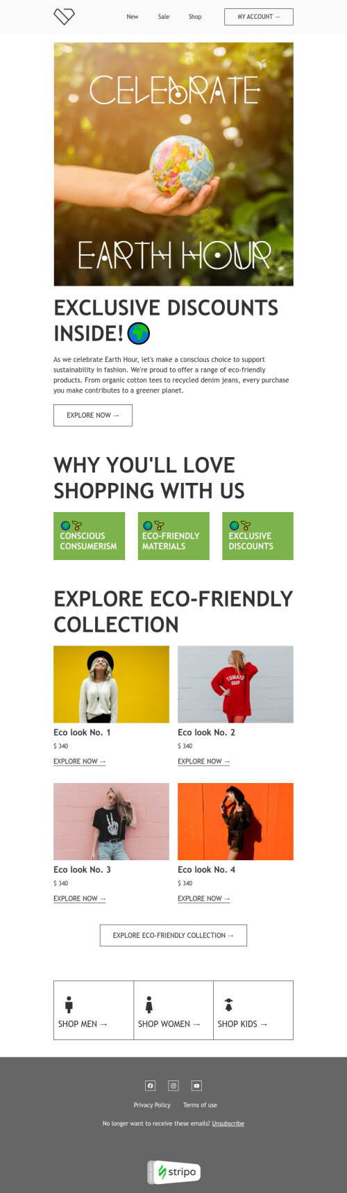 Stunde der Erde E-Mail-Vorlage «Umweltfreundliche Kollektion» für mode-Branche Ansicht auf Mobilgeräten