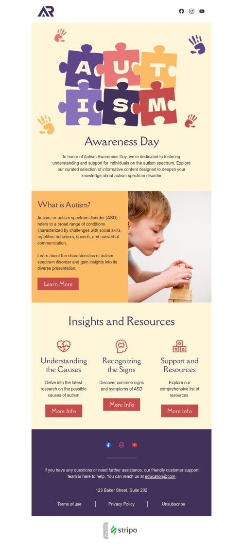 Modèle de courrier électronique Journée mondiale de l'autisme «Troubles du spectre autistique» pour le secteur éducation Affichage mobile