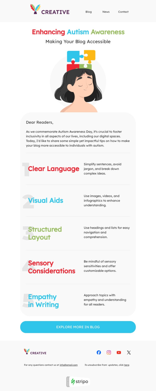 Modello email Giornata mondiale per la consapevolezza sull'autismo «Rendere il tuo blog accessibile» per il settore industriale di editoria e blog Visualizzazione mobile