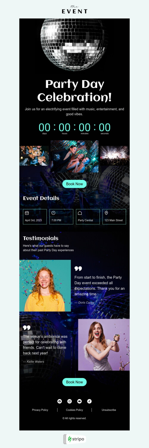 Party Day email template "Unforgettable Party Day" for hobbies industry desktop view