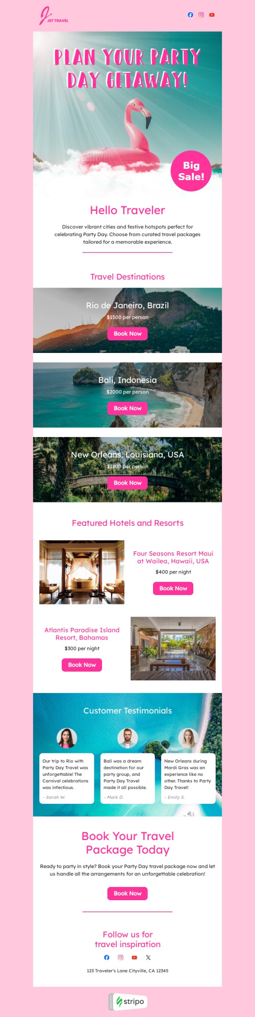 Party Day email template "Plan your party" for travel industry desktop view