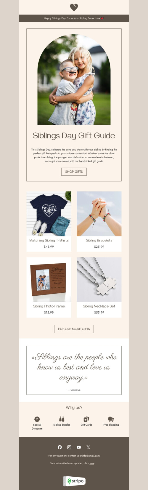 Siblings Day email template "Gift for siblings" for ecommerce industry desktop view