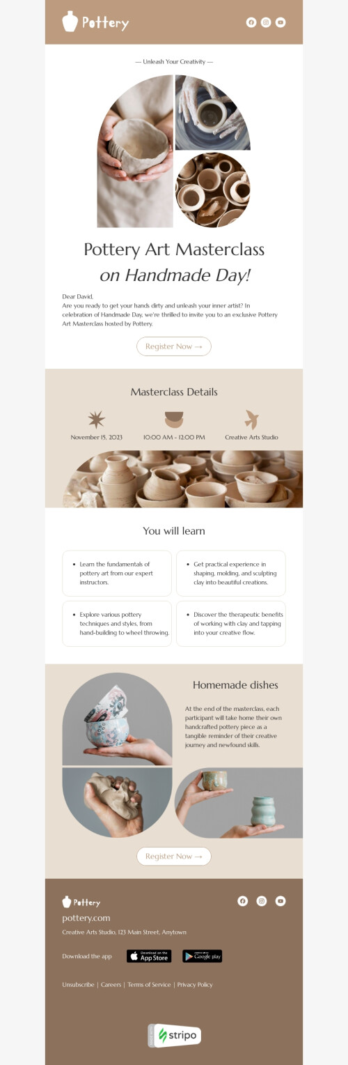 Handmade Day email template "Pottery art masterclass" for gifts & flowers industry mobile view