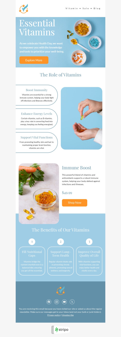 Modèle de courrier électronique Journée mondiale de la santé «Le rôle des vitamines» pour le secteur santé et beauté Affichage mobile