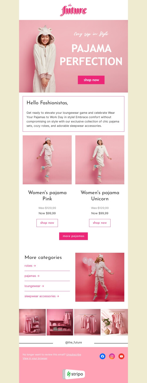 Plantilla de correo electrónico «Conjuntos de pijamas» de Usa tu pijama para ir al trabajo para la industria de moda Vista de móvil