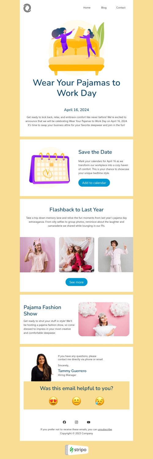 Modelo de e-mail de «Desfile de moda do pijama» de Use seu pijama para trabalhar no dia para a indústria de negócios Visualização de dispositivo móvel