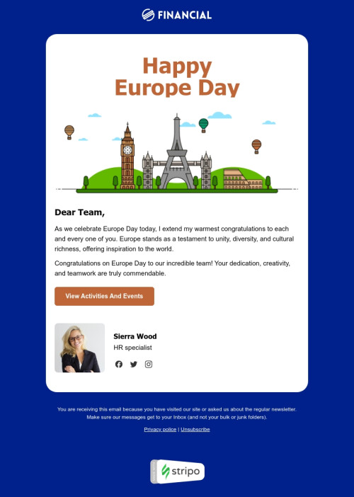 Modèle de courrier électronique Journée de l'Europe «L'unité européenne» pour le secteur HR Affichage ordinateur