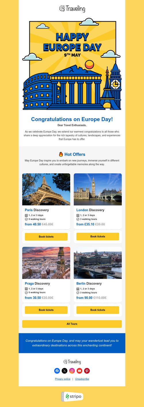 Europe Day email template "European heritage" for travel industry desktop view