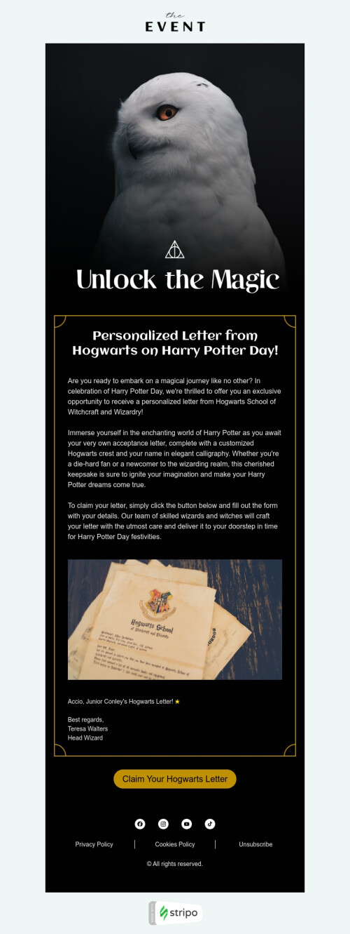 Шаблон письма к празднику День Гарри Поттера «Разблокируйте магию» для индустрии «Хобби» мобильный вид