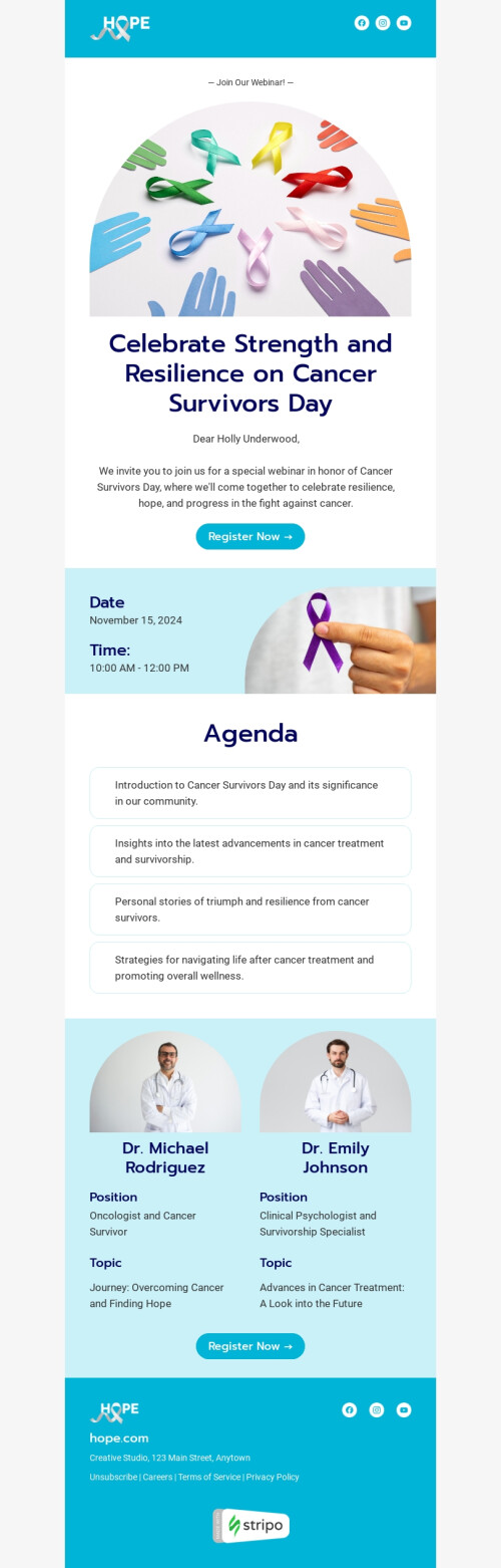 Cancer Survivors Day email template "Celebrate strength and resilience" for webinars industry desktop view