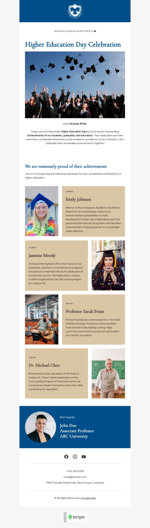 Higher Education Day email template "Honoring Academic Achievements" for education industry desktop view