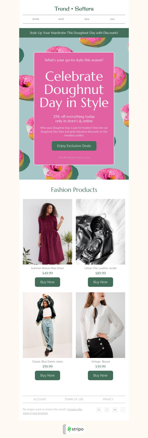 National Doughnut Day email template "Trendiest outfits" for fashion industry desktop view