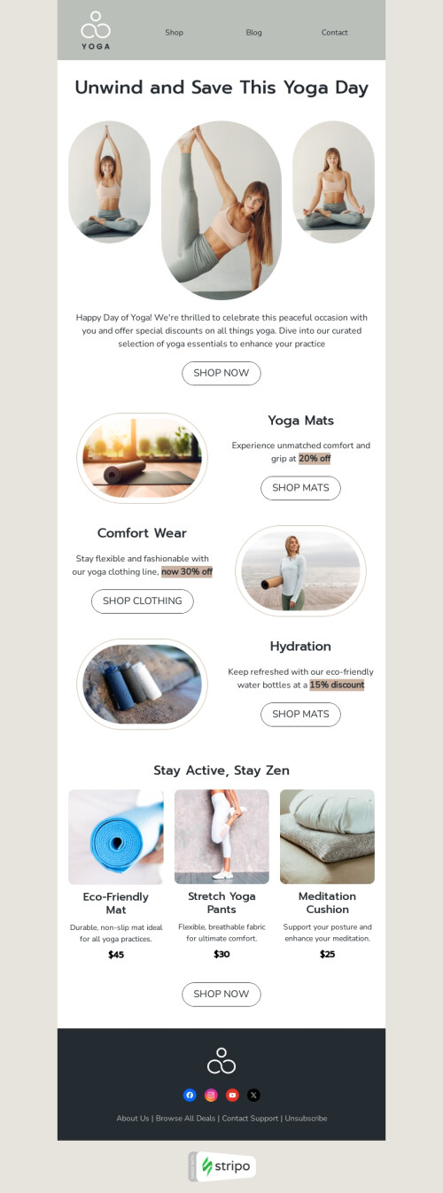 Day of Yoga email template "Stay active" for sports industry mobile view