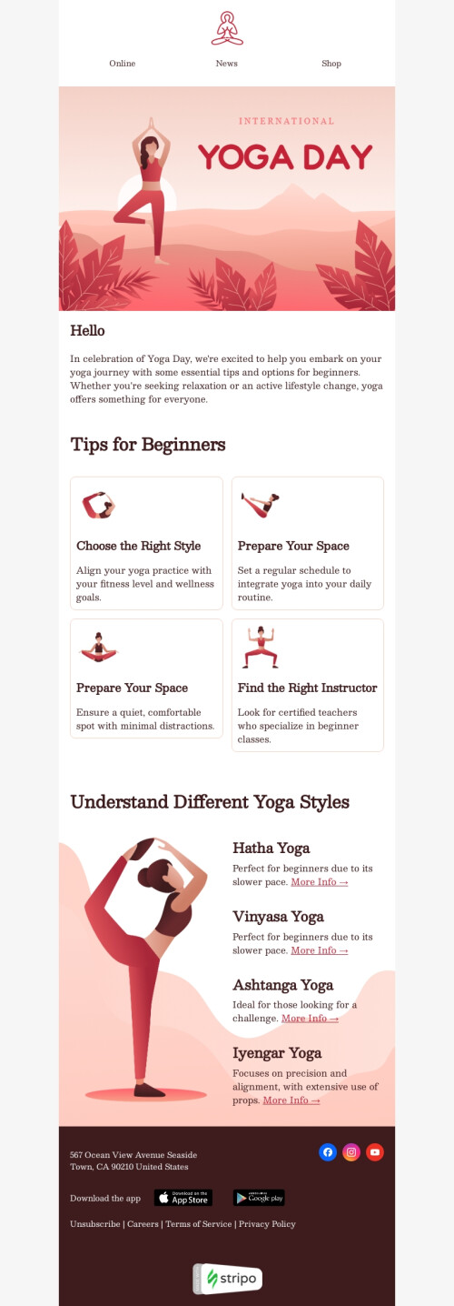 Day of Yoga email template "Different yoga styles" for sports industry mobile view