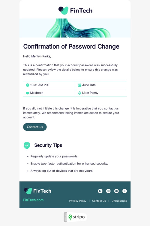 Trigger email template "Password сhange" for FinTech industry mobile view