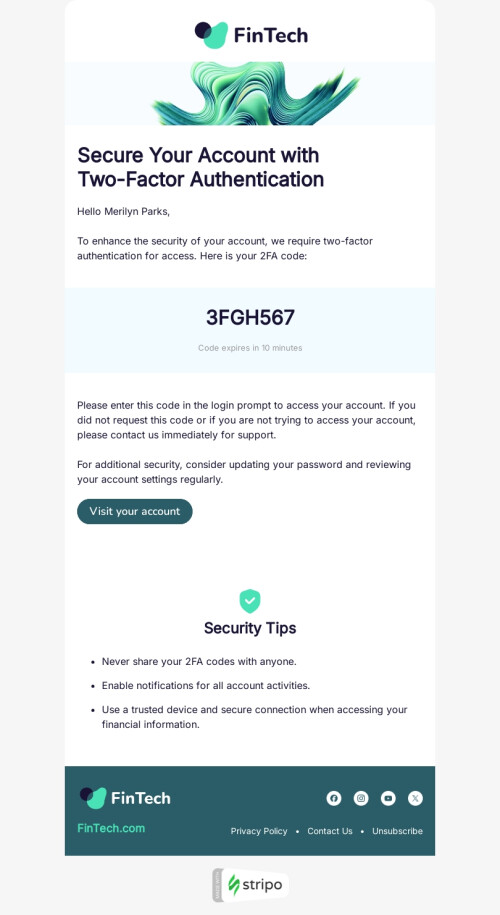 Trigger email template "Two-factor authentication" for FinTech industry mobile view