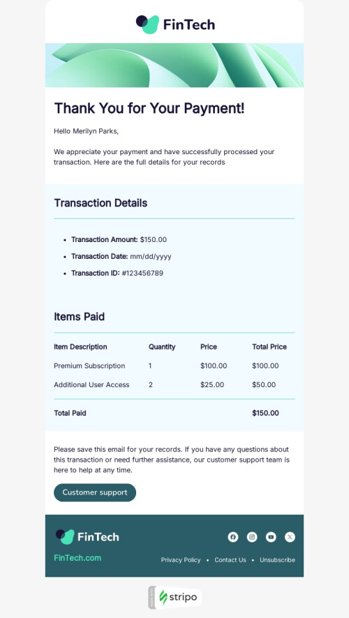 Trigger email template "Confirmation of your payment" for FinTech industry mobile view