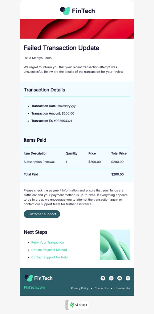 Trigger email template "Failed transaction update" for FinTech industry mobile view