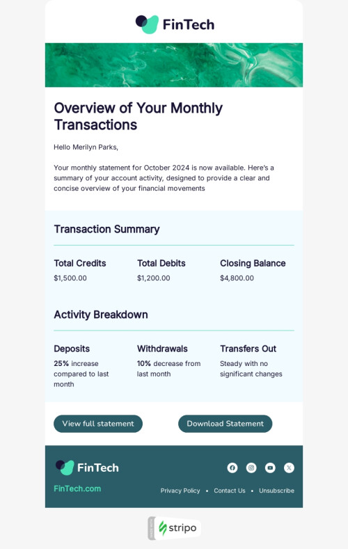 Modelo de e-mail de «Seu extrato mensal de conta» de desencadear para a indústria de FinTech Visualização de dispositivo móvel