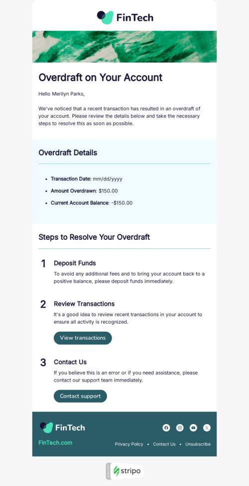 Modelo de e-mail de «Fundos insuficientes» de desencadear para a indústria de FinTech Visualização de dispositivo móvel