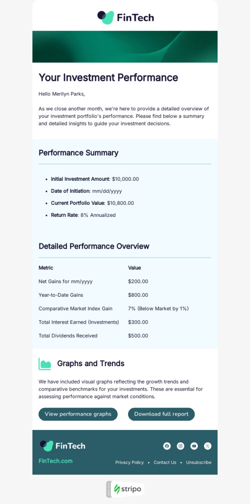 Modello email grilletto «Le performance del tuo investimento» per il settore industriale di FinTech Visualizzazione mobile