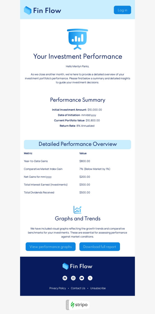 Modello email grilletto «Panoramica delle performance degli investimenti» per il settore industriale di FinTech Visualizzazione mobile