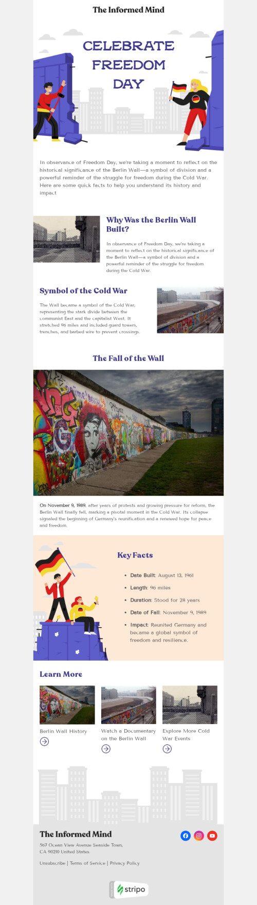 Freedom Day email template "Facts about the Berlin wall" for publications & blogging industry mobile view