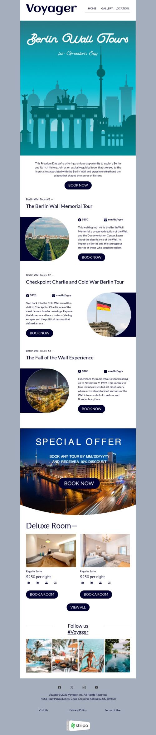 Freedom Day email template "Walk through history" for travel industry mobile view