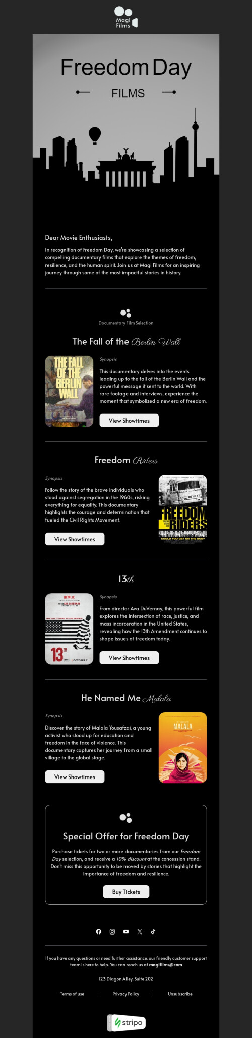 Freedom Day email template "Discover powerful films" for movies industry mobile view