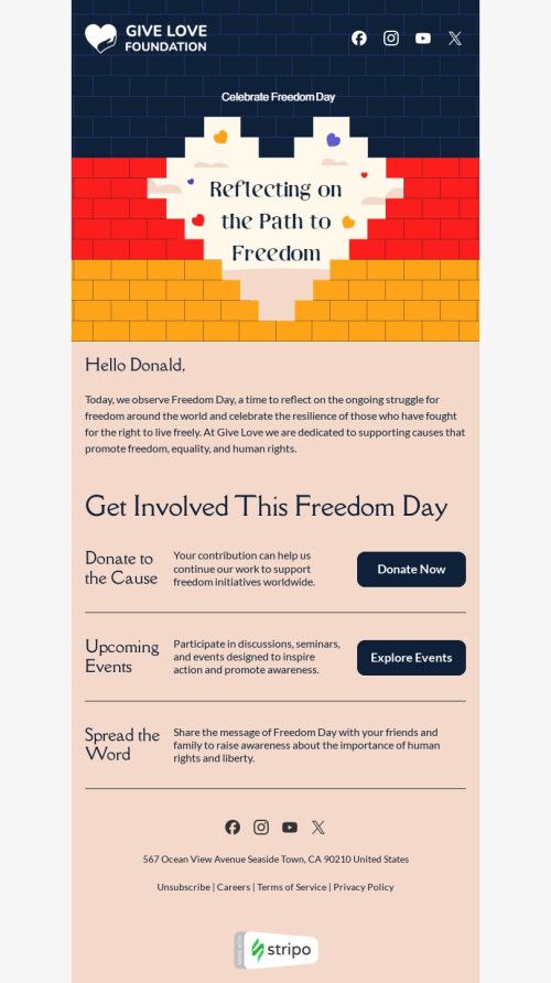 Modelo de e-mail de «Homenageando o dia da liberdade» de Dia da liberdade para a indústria de sem fins lucrativos e caridade Visualização de dispositivo móvel