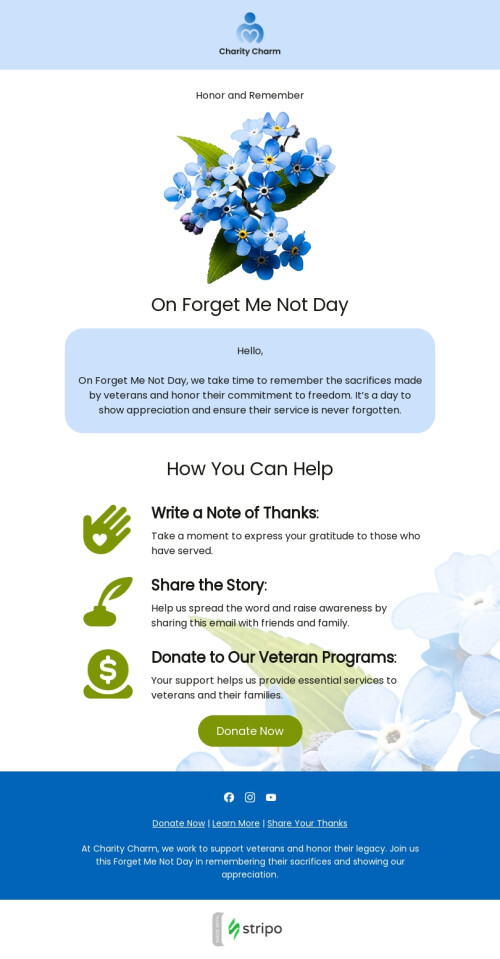 Forget Me Not Day email template "Remembering those who serve" for nonprofit industry mobile view