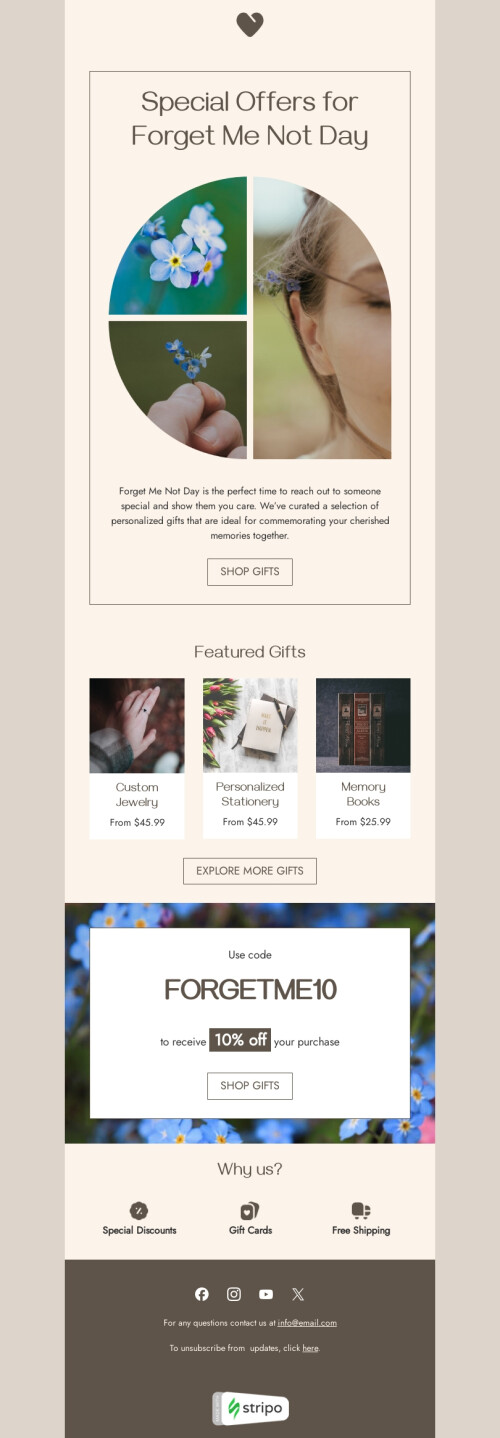 Forget Me Not Day email template "Show someone you care" for gifts & fowers industry mobile view