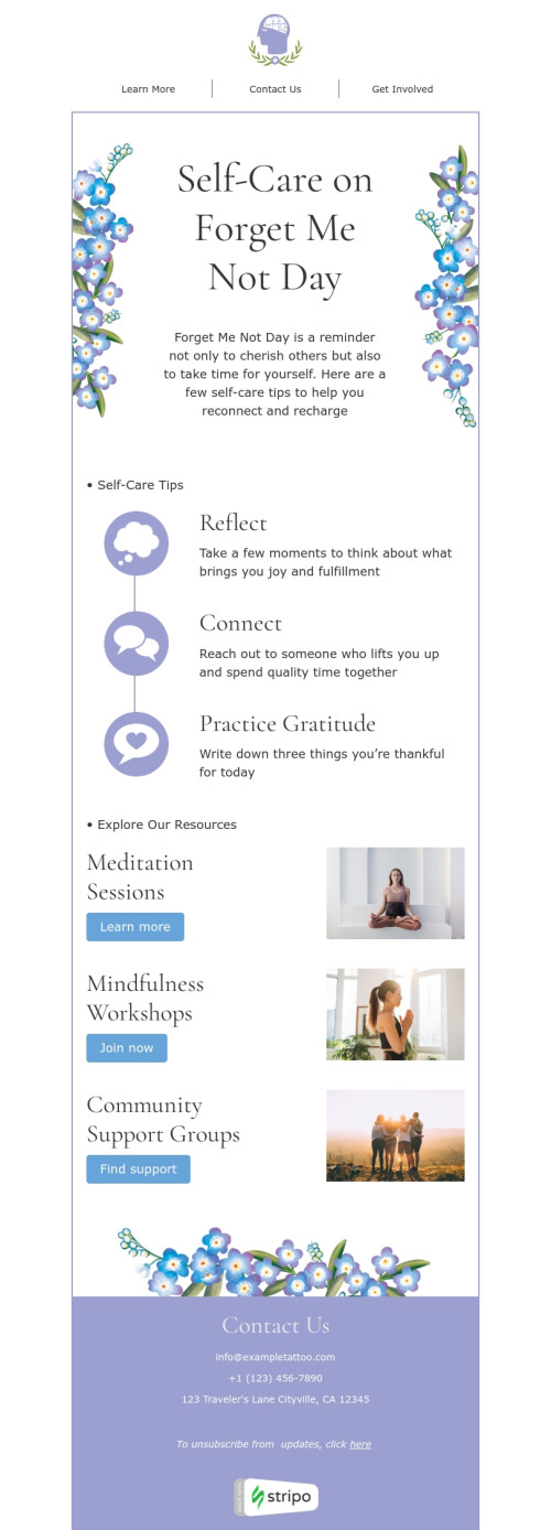 Forget Me Not Day email template "Tips for Forget me not day" for health and wellness industry mobile view