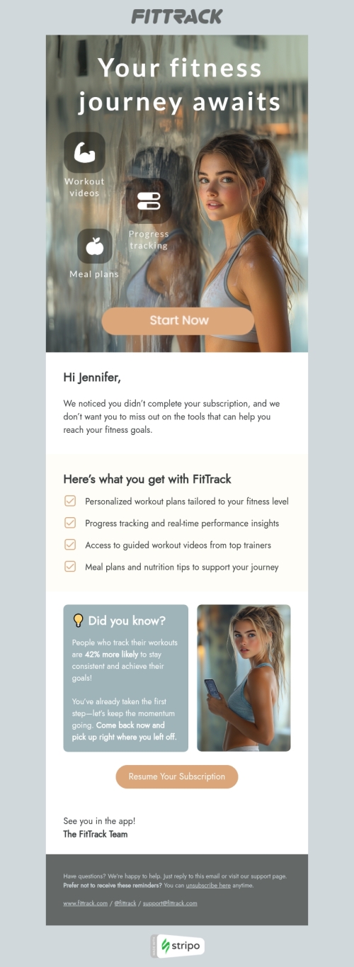 Abandoned subscription email template "Your fitness journey awaits" for mobile applications industry mobile view