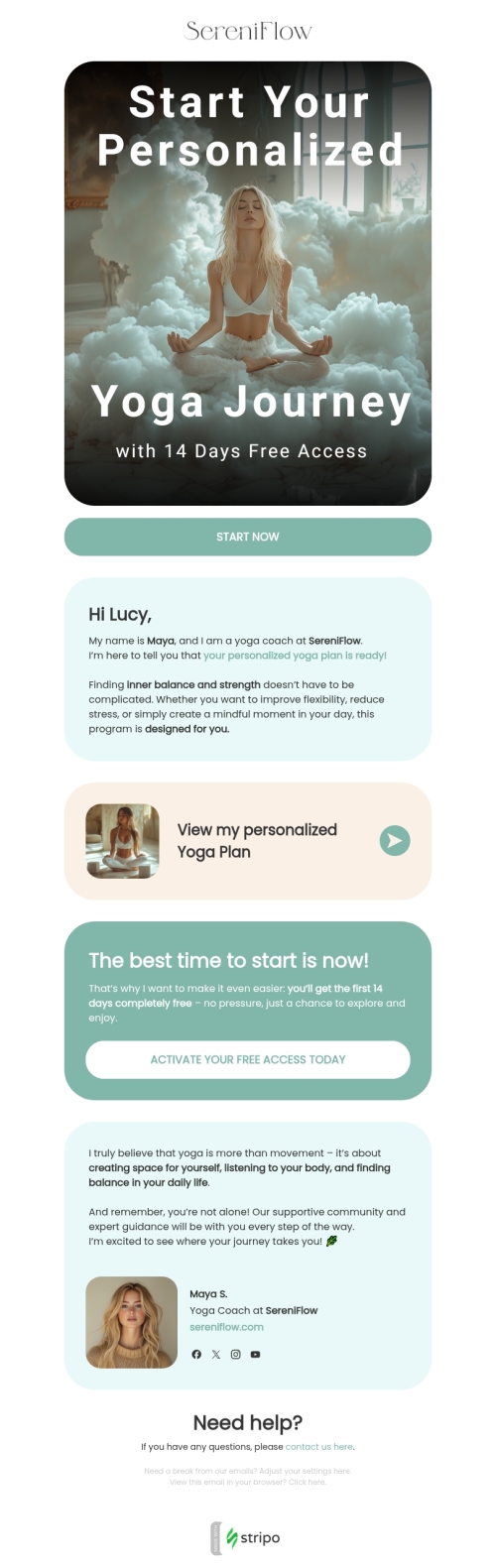 Abandoned subscription email template "Personalized yoga journey" for mobile applications industry mobile view