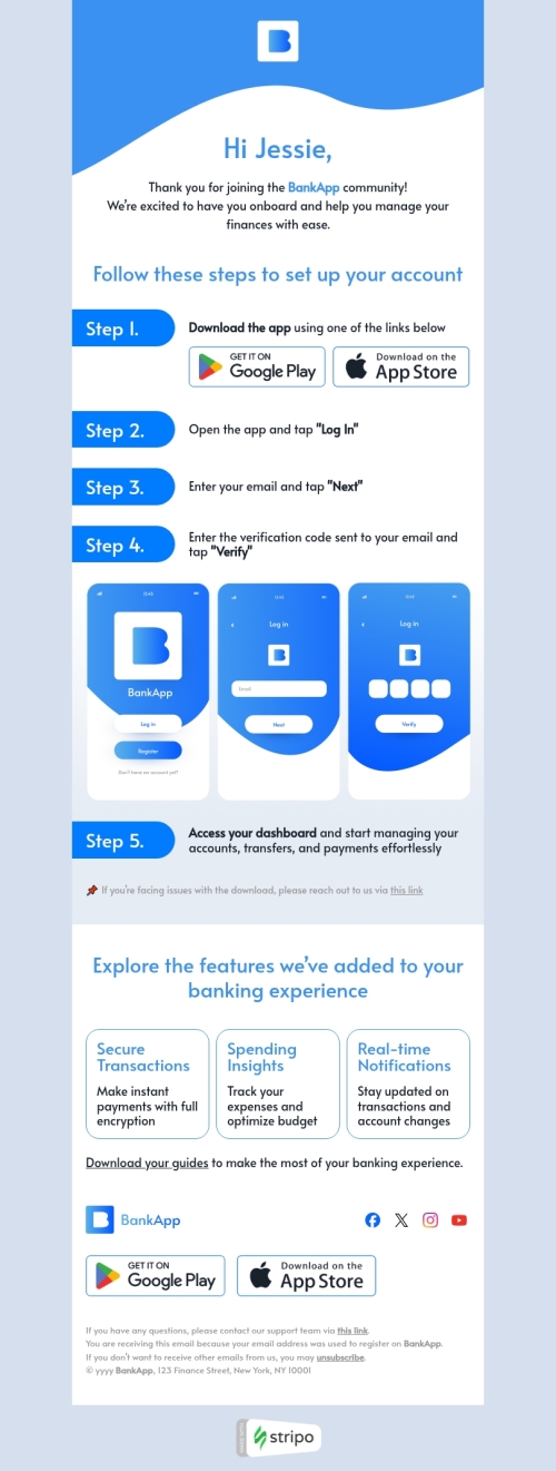 App install email template "Your banking experience" for mobile applications industry mobile view