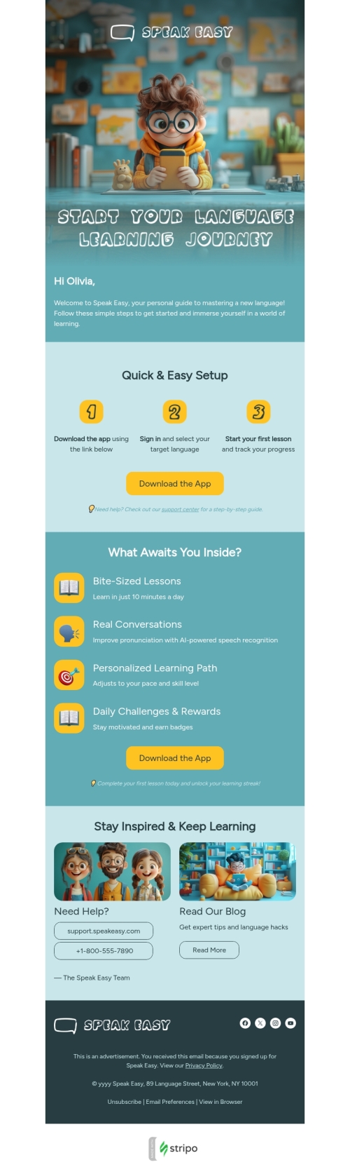 App install email template "Language learning journey" for mobile applications industry mobile view