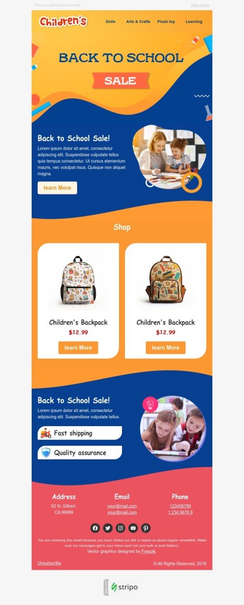 Modelo de E-mail de «Loja infantil» de De volta à escola para a indústria de Artigos para crianças Visualização de dispositivo móvel