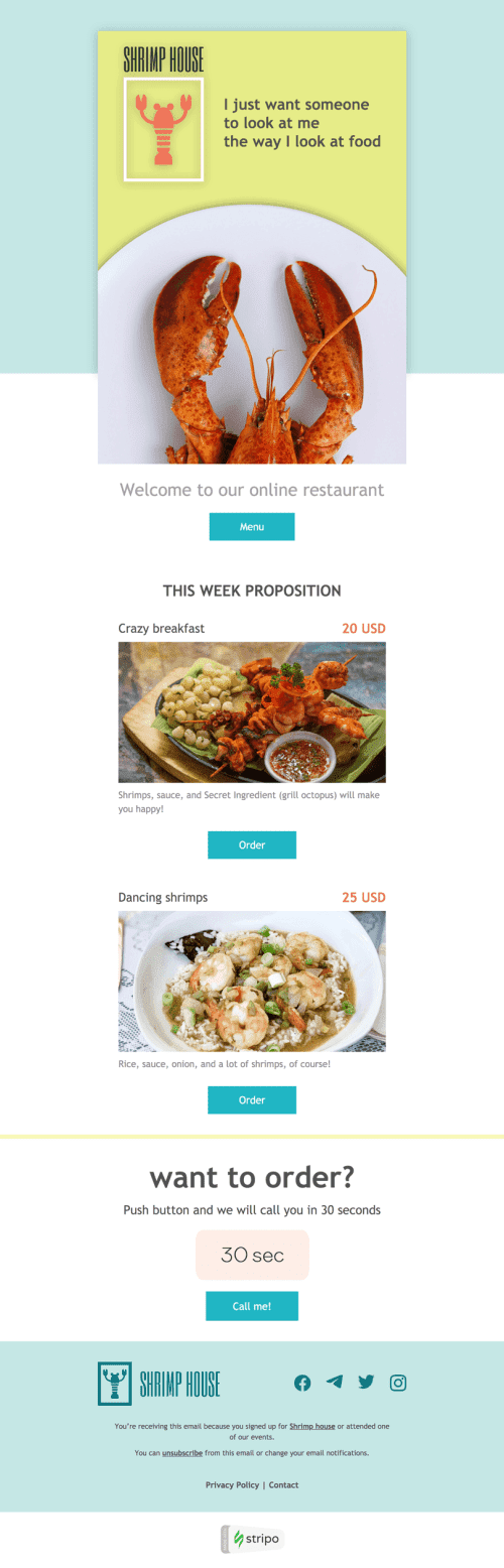 Promo Email Template «Shrimp House» for Food industry desktop view