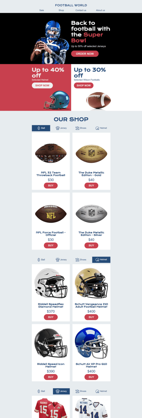 Modelo de E-mail de «Loja de atributos esportivos» de Super Bowl para a indústria de Esportes Visualização de desktop
