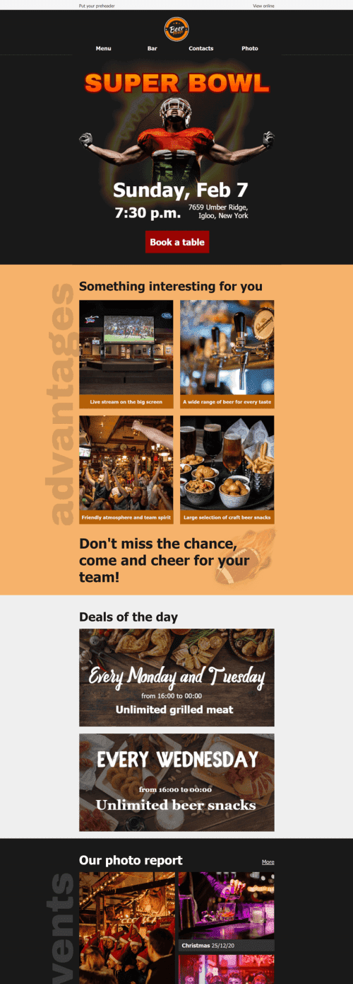 Super Bowl Email Template «Beer house» for Sports industry desktop view