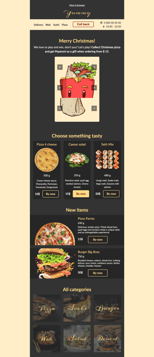 Weihnachten E-Mail-Vorlage «Weihnachtspizza» für Essen-Branche Ansicht auf Mobilgeräten
