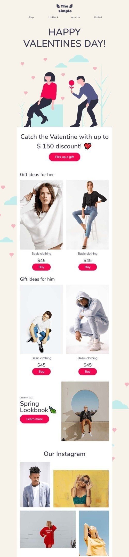 Modèle de courrier électronique Saint Valentin «Le simple» pour le secteur Mode Affichage mobile